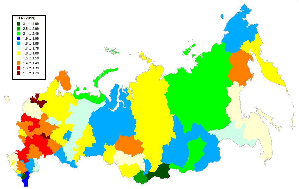 Субъекты РФ по суммарному коэффициенту рождаемости. Карта 2011 года. Population in Russia. Total Fertility rate Map. What is the population of russia